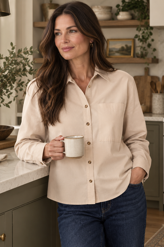 Jodie Long Sleeve Button Up Shirt in Short Length in Light Khaki by Foxcroft