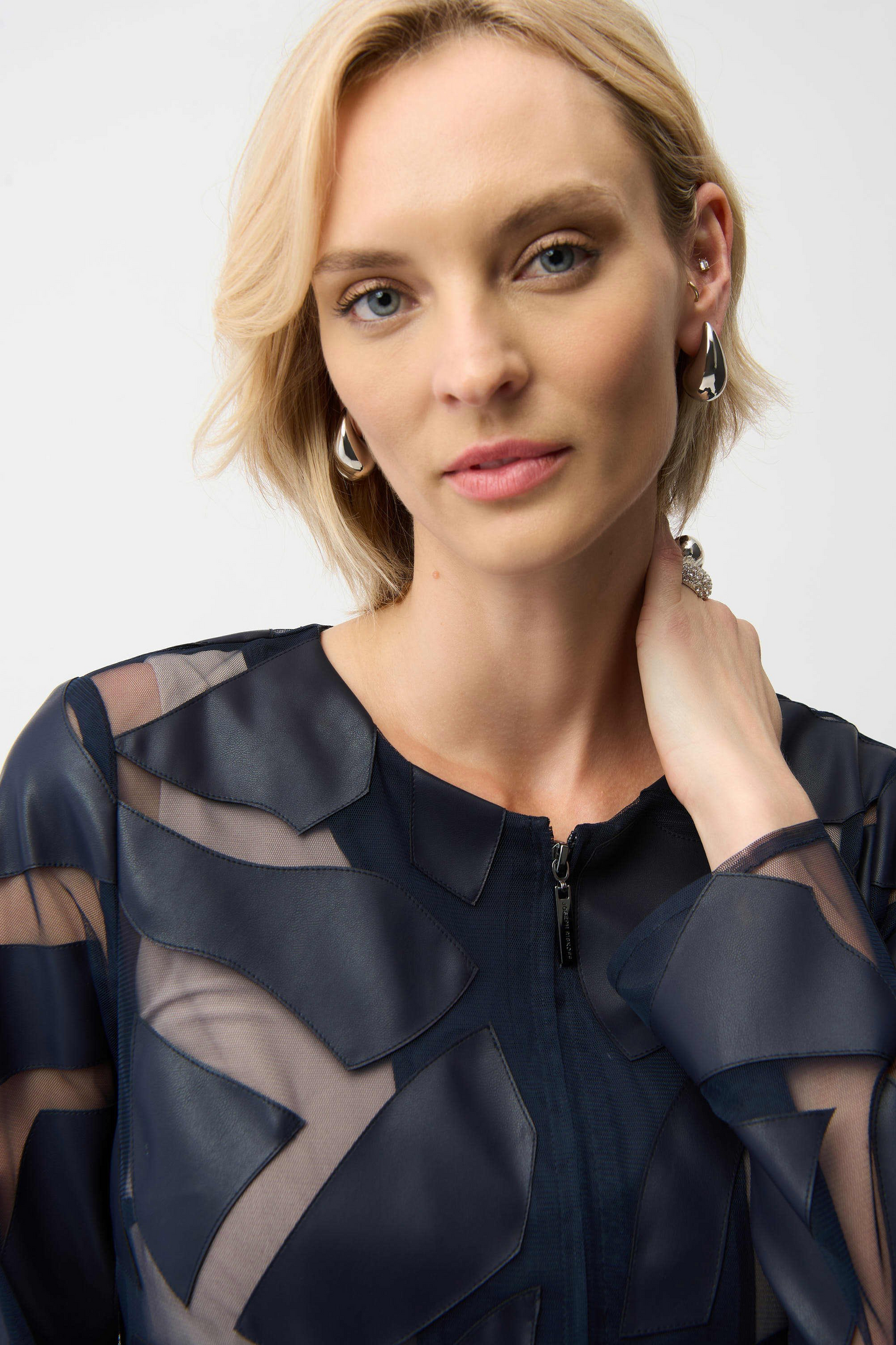 Laser Cut Leatherette On Mesh  Fitted Jacket