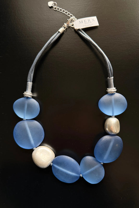 Blue Resin Organic Shapes with Matte Silver Accents on Blue Cord by Merx