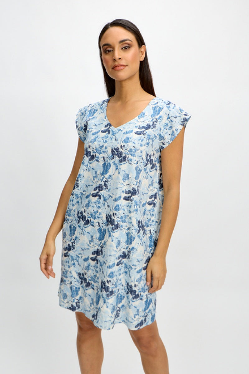 Blue Floral Cap Sleeve Woven Dress by Emproved Clothing