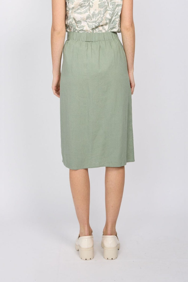 Woven A Line Midi Length Skirt with Pockets in Sage by Emproved Clothing