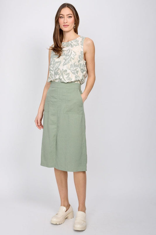 Woven A Line Midi Length Skirt with Pockets in Sage by Emproved Clothing