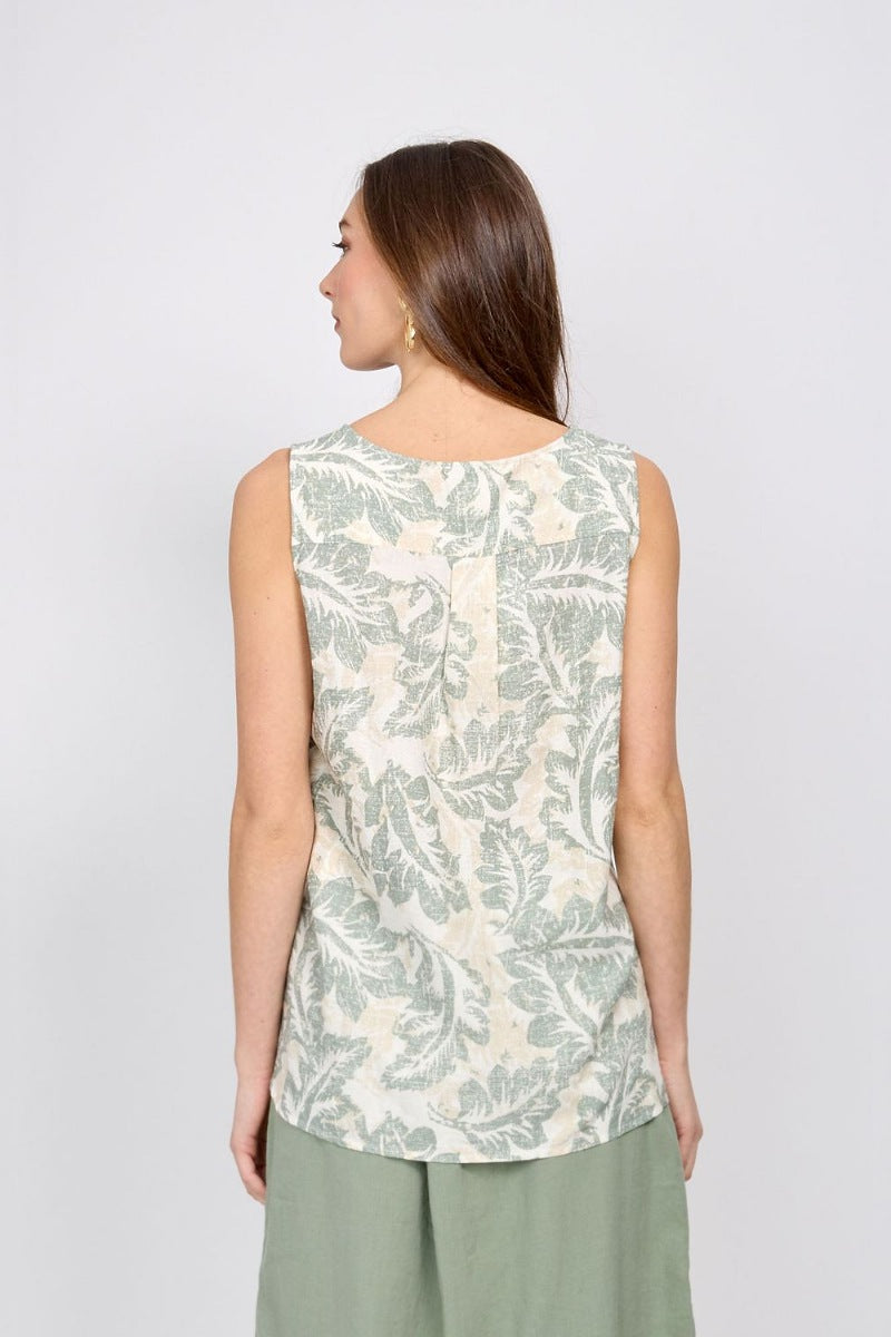 Tropical Leaf Linen Sleeveless Top in Sage or Ocean by Emproved Clothing
