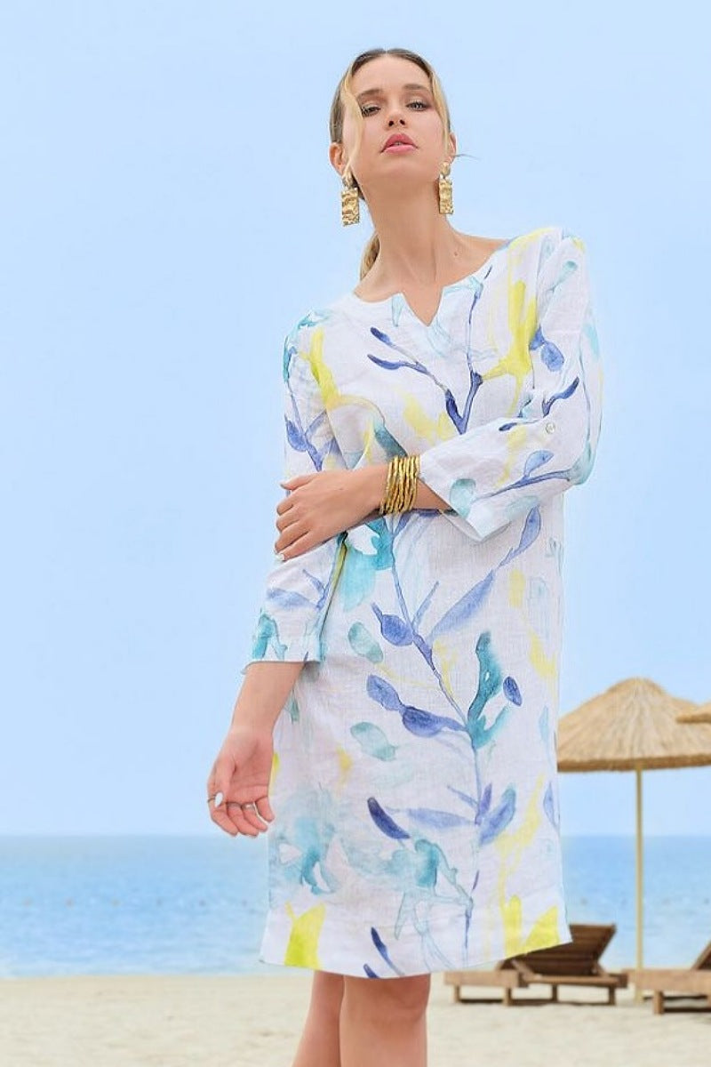 Turquoise Bloom Linen Dress - Dolcezza