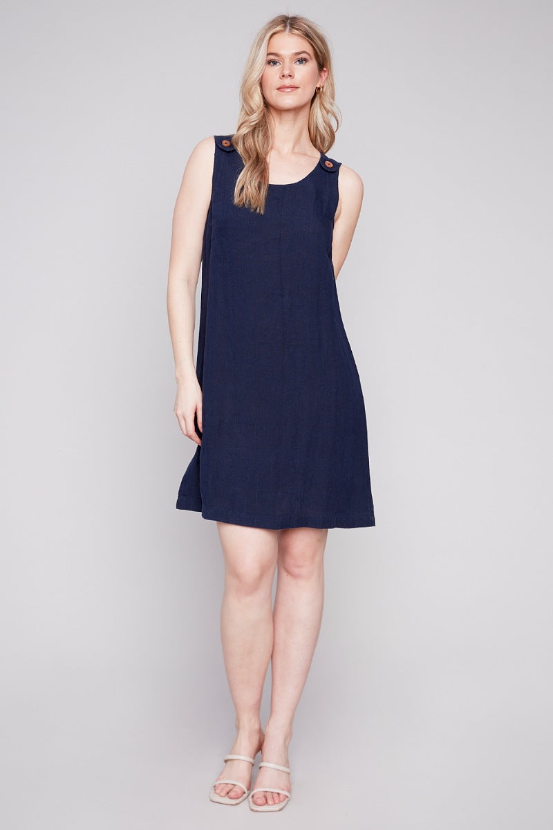 Solid Sleeveless Round Neck Linen Dress With Coconut Buttons in Navy - Charlie B