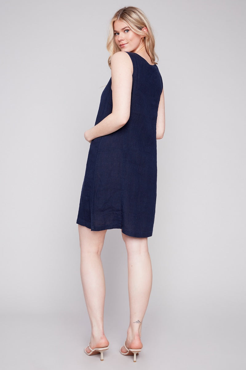 Solid Sleeveless Round Neck Linen Dress With Coconut Buttons in Navy - Charlie B