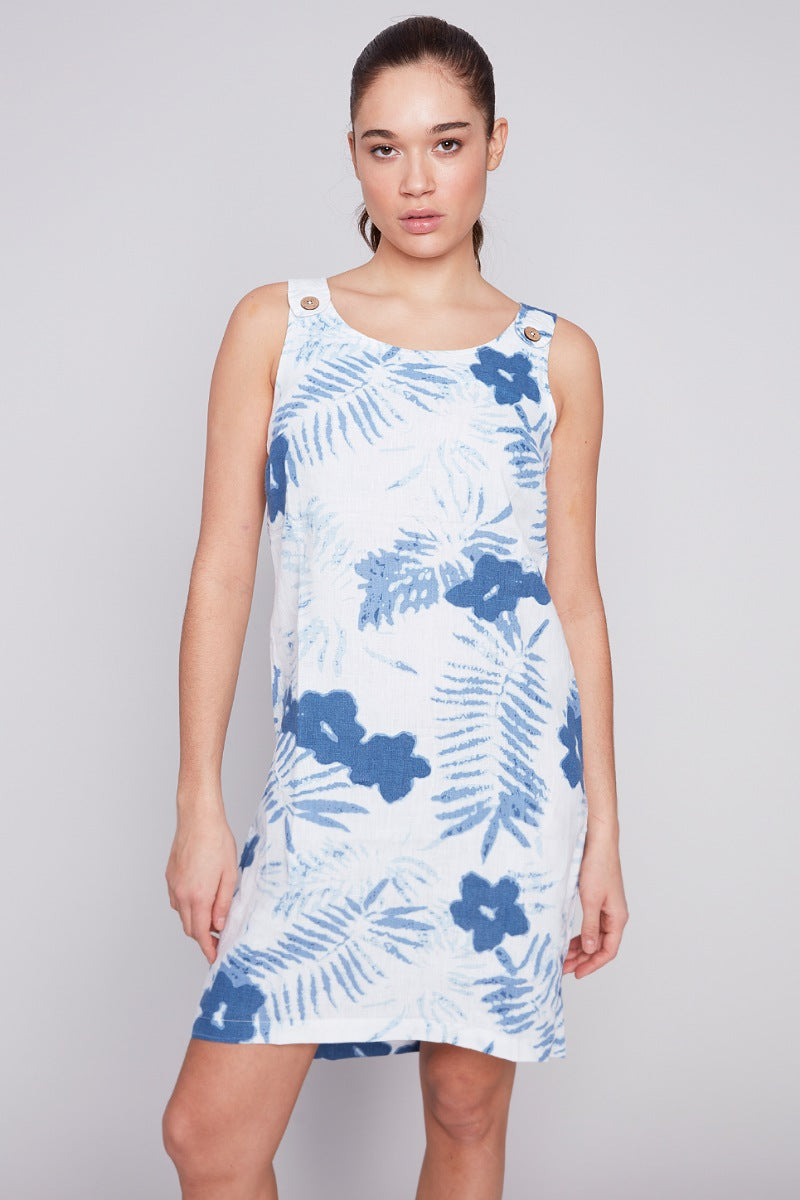 Sleeveless Linen Dress With in Blue Floral - Charlie B