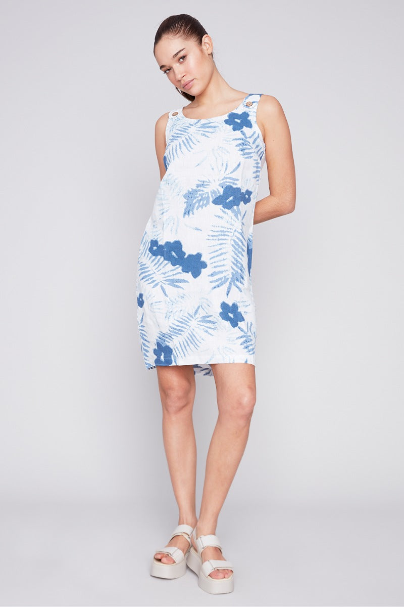 Sleeveless Linen Dress With in Blue Floral - Charlie B