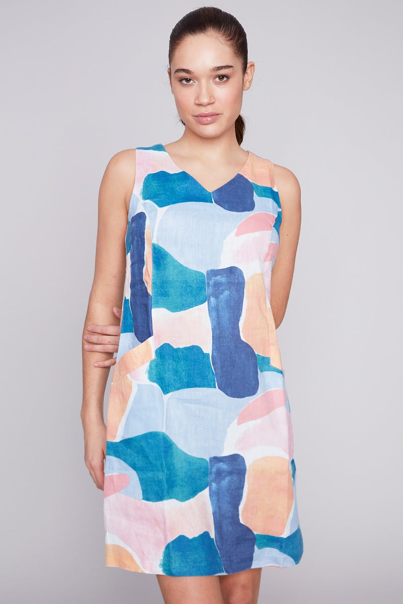 V Neck Linen Dress in Abstract Print - Charlie B