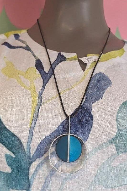 Resin 2 Toned Circle Pendant in Blue and Silver- Merx Jewelry