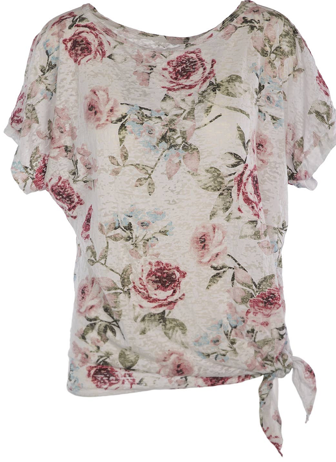 Plus Size -Linen Floral Short Sleeve Top by M Made in Italy