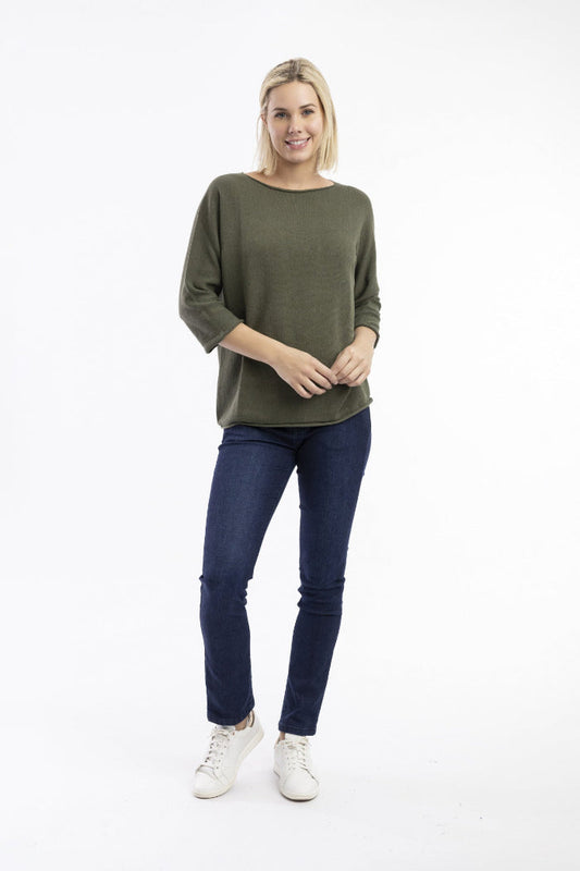 Women's Knit Top Boat Neck 3/4 Sleeve in Organic Cotton in Chocolate, Olive or Natural by Orientique Naturally Australian
