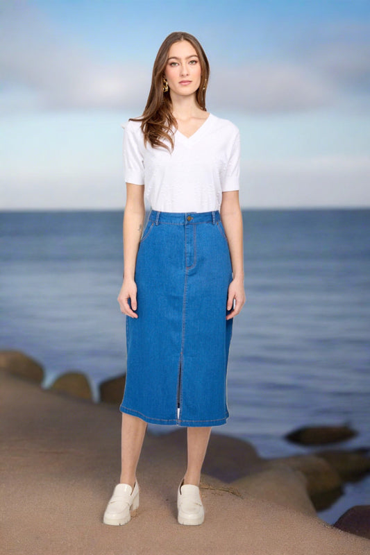 Chic Denim Long Skirt with Front Slit - Emproved