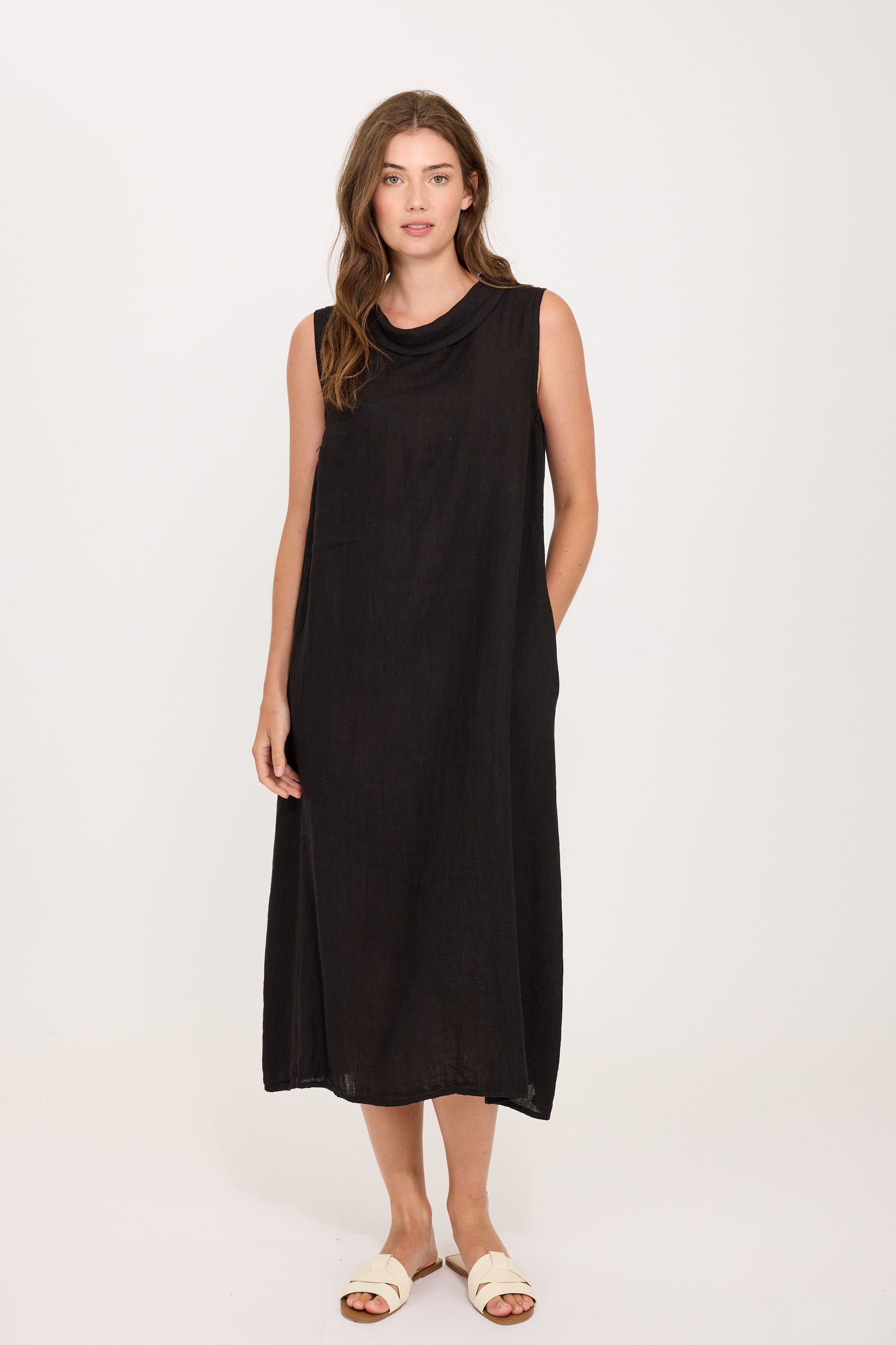 pistache linen dress Pistache Long Linen Vest Dress with Pockets in Large Tropical Floral P