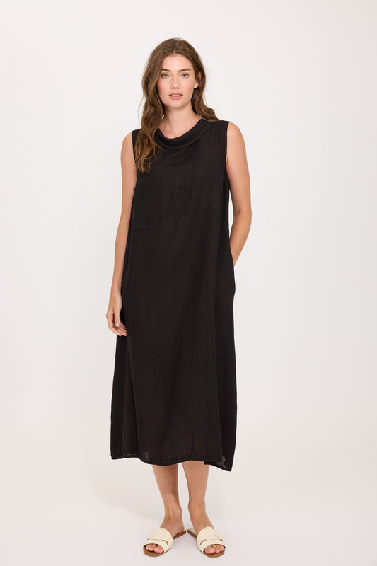 Women's Maxi Cowl Neck Linen Dress in Black by Pistache Apparel T5308