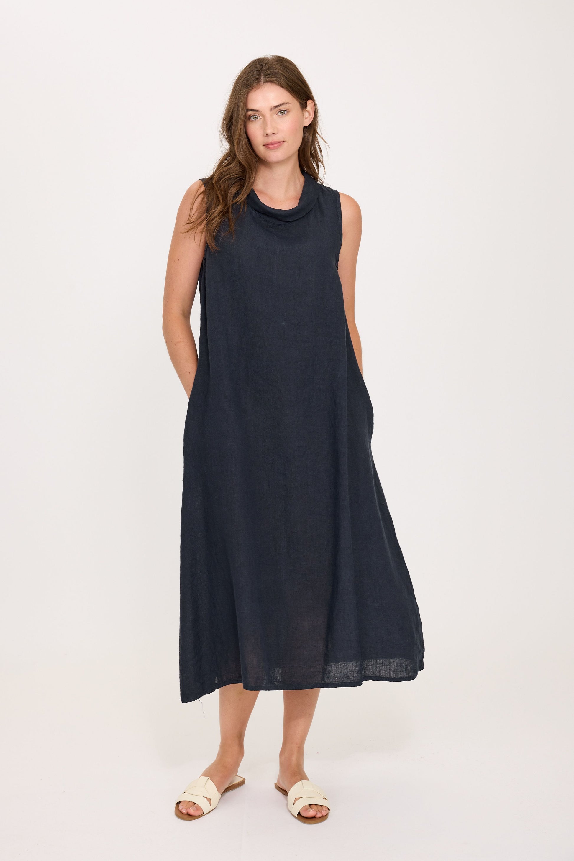 Women's Maxi Cowl Neck Linen Dress in Navy by Pistache Apparel T5308 – Once@426 Boutique and Market