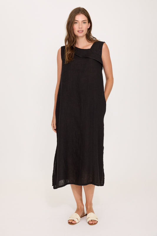 Women's Asymmetrical Maxi Linen Dress in Black by Pistache Apparel