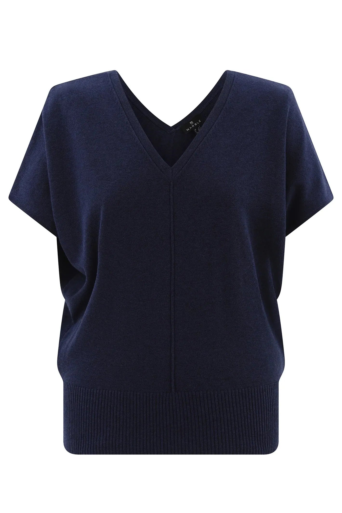Relaxed Fit V-Neck Short Sleeve Reversible Button Sweater in Navy
