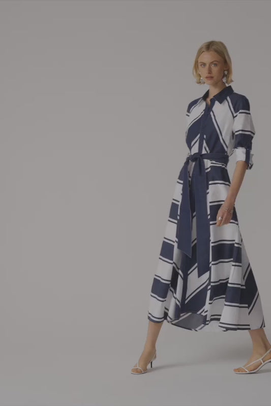 Cotton Stripe Print Fit and Flare Shirt Dress with Reversible Sash in Navy and White by Joseph Ribkoff