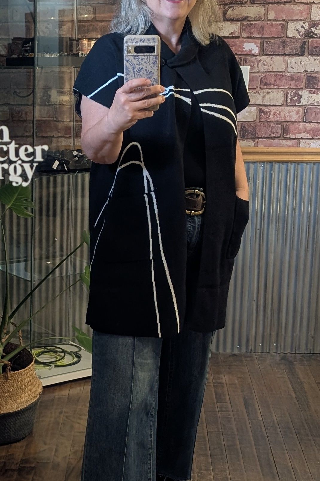 Women’s Cap Sleeve Knit Vest  – Black & White Abstract Lines by Dolcezza