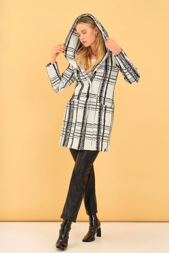 Women's Hooded Knit Coat – Black & White Plaid by Dolcezza