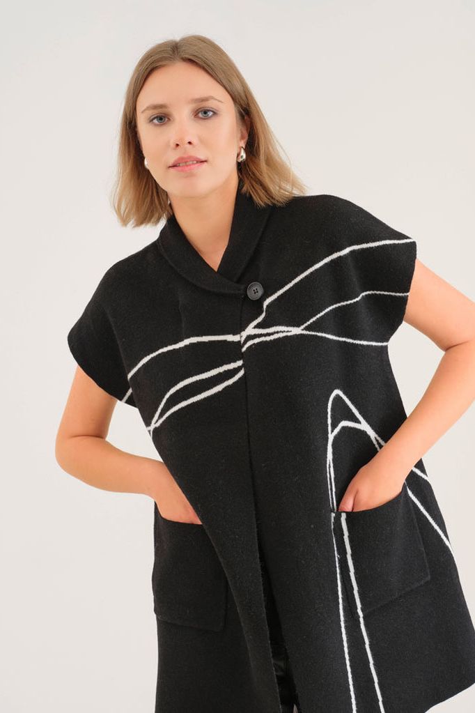 Women’s Cap Sleeve Knit Vest  – Black & White Abstract Lines by Dolcezza