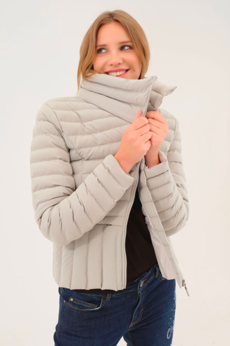 Women's Assymetrical Shawl Collar Quilted Jacket in Silver by Dolcezza
